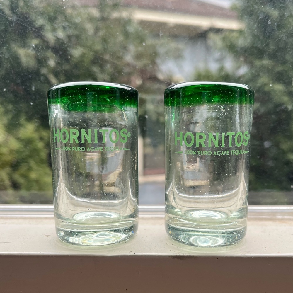 Beautiful Mexican Glass “Hornitos” Tequila Shot Glasses, Set of 2